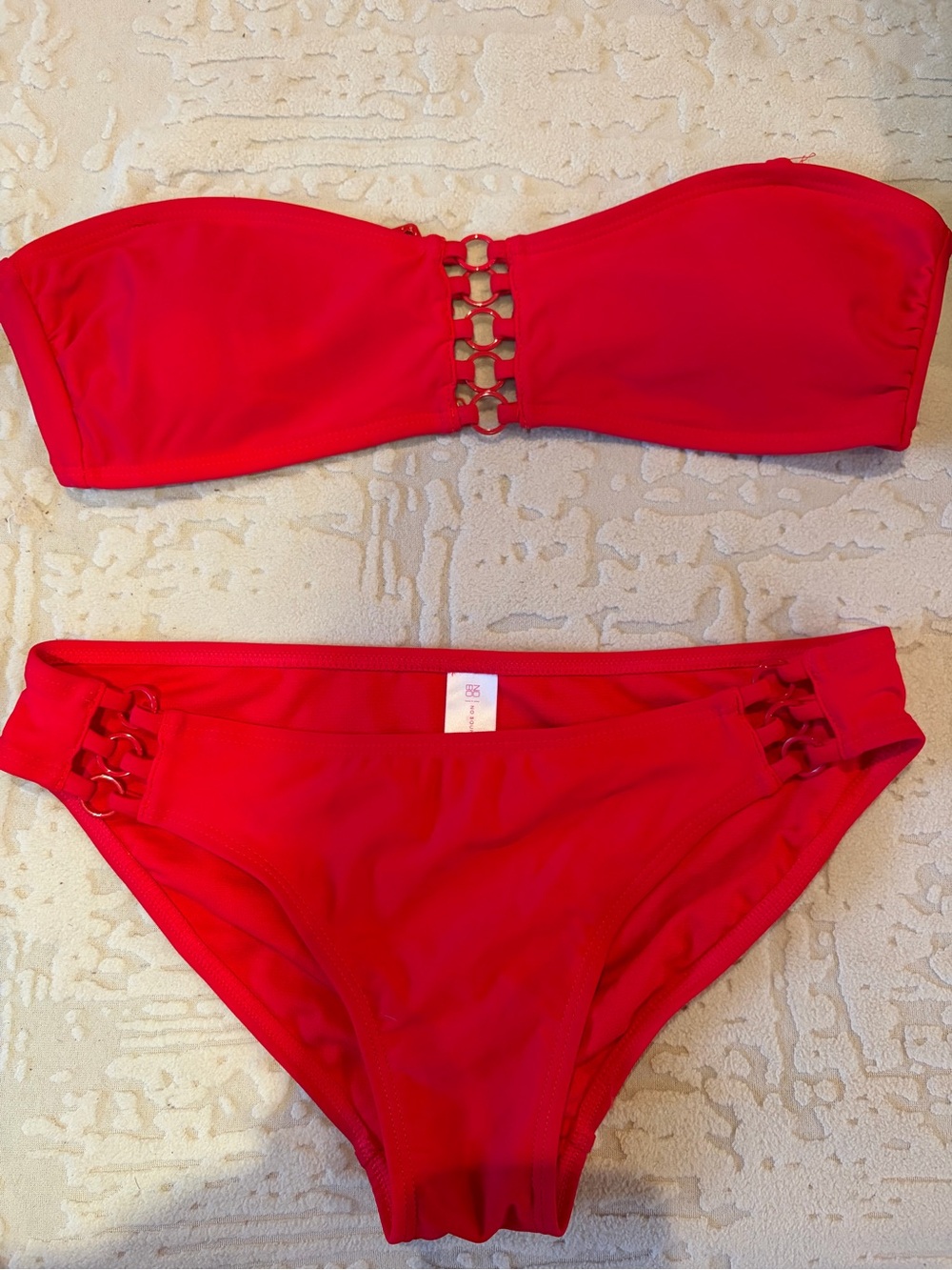 No Boundaries Bright Red Bandeau Swim Set with Ring Accents